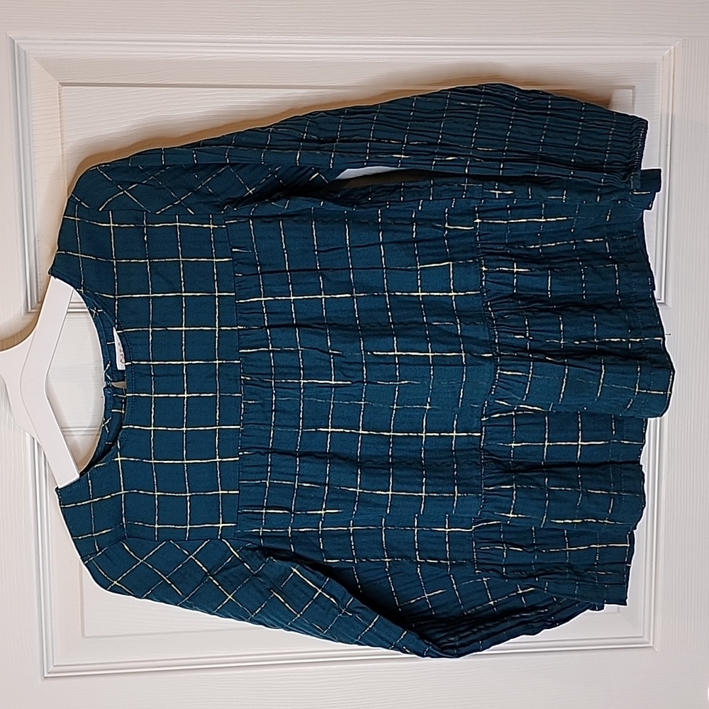 Cat & Jack Long Sleeve Dark Teal & Gold Checked Tiered Top Ruffled Hem L (10/12)